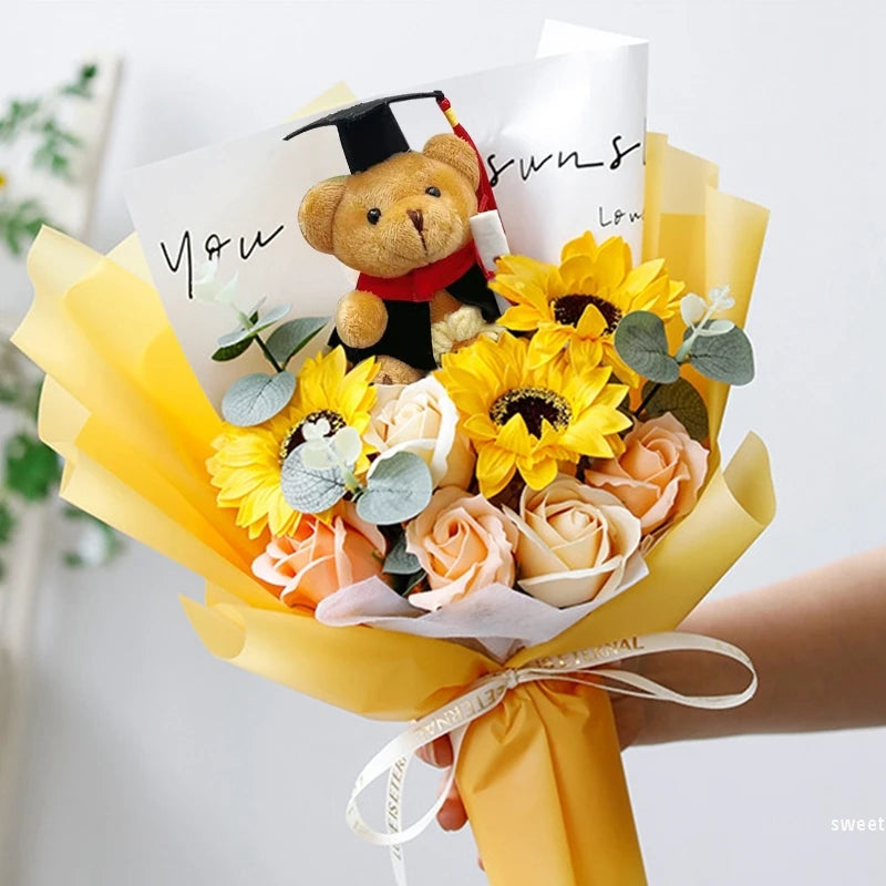 Bouquet Ourson Blanc & Tournesol au Crochet