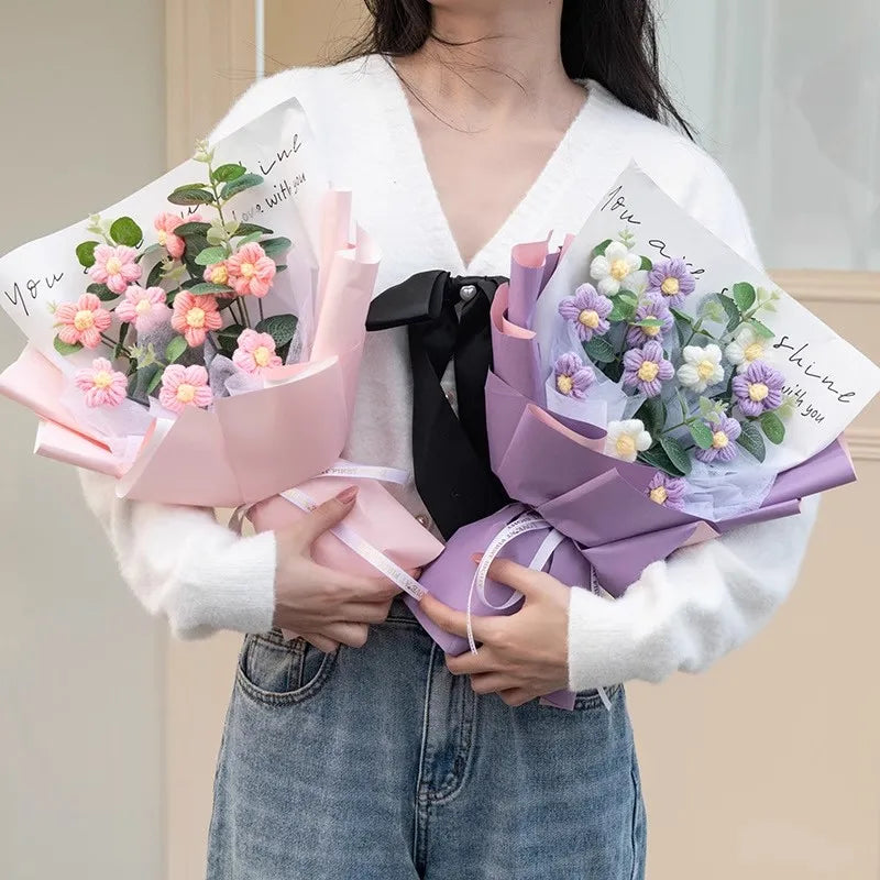 Bouquet de Fleurs Pompons au Crochet avec Sac Cadeau