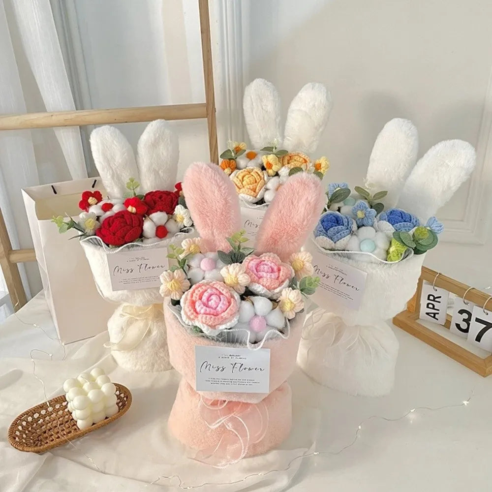 Bouquet Oreilles de Lapin Crochet avec Sac Cadeau – Rouge, Jaune, Bleu ou Rose
