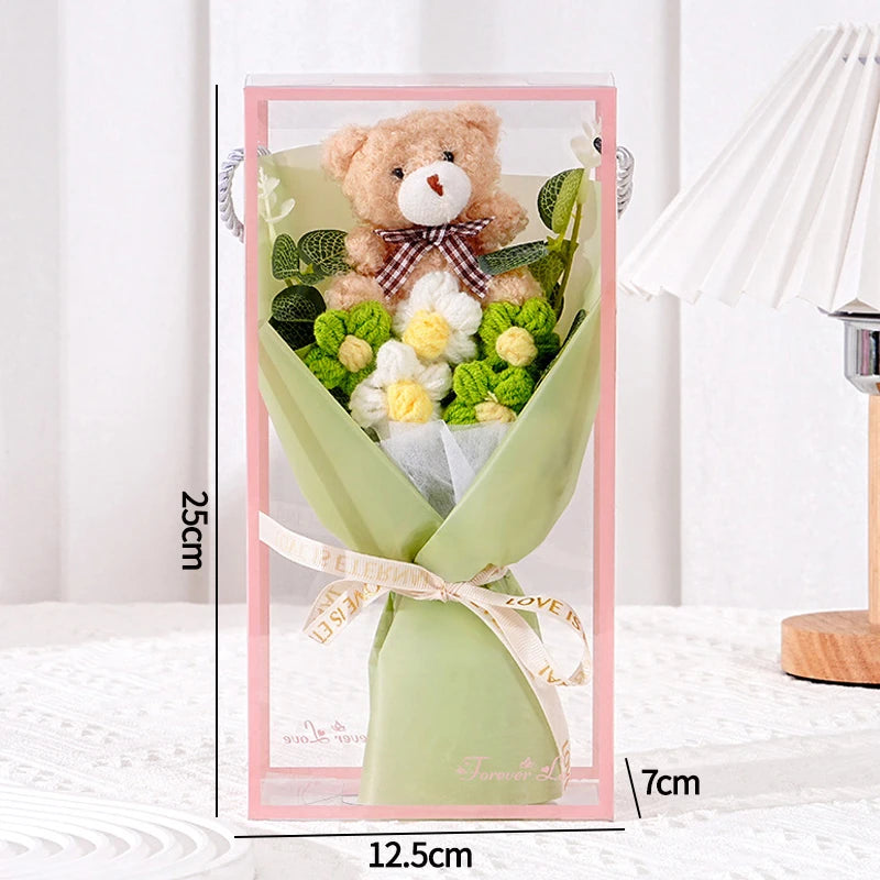 Bouquet Ourson Crochet en Écrin Transparent