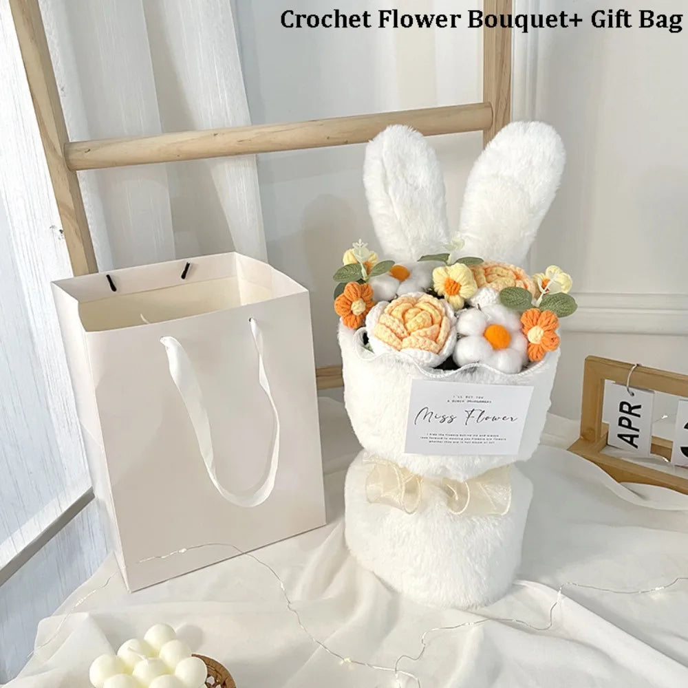 Bouquet Oreilles de Lapin Crochet avec Sac Cadeau – Rouge, Jaune, Bleu ou Rose