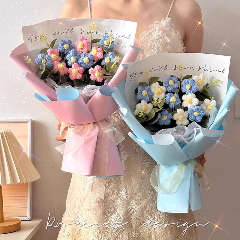 Bouquet de Fleurs Pompons au Crochet avec Sac Cadeau