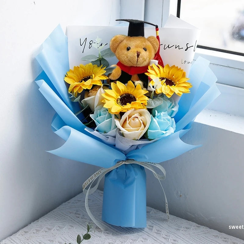 Bouquet Ourson Blanc & Tournesol au Crochet
