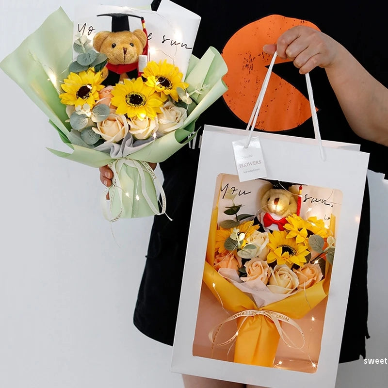 Bouquet Ourson Blanc & Tournesol au Crochet