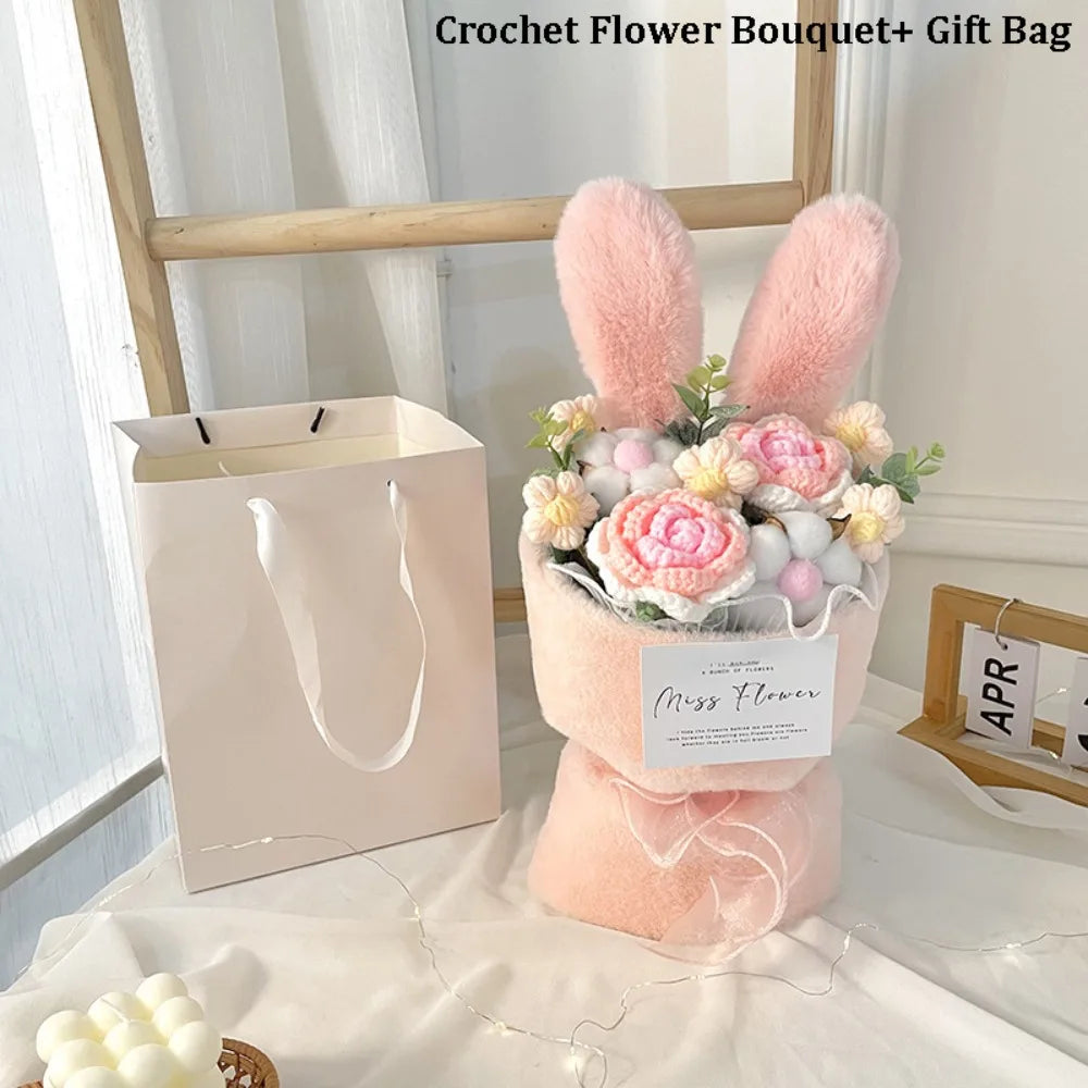 Bouquet Oreilles de Lapin Crochet avec Sac Cadeau – Rouge, Jaune, Bleu ou Rose