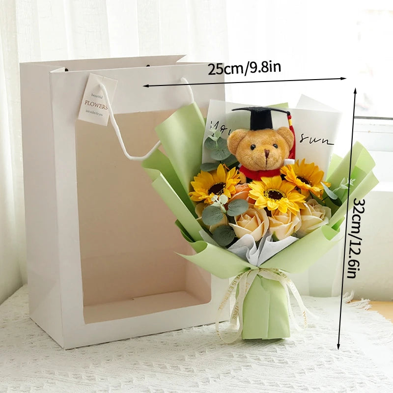 Bouquet Ourson Blanc & Tournesol au Crochet