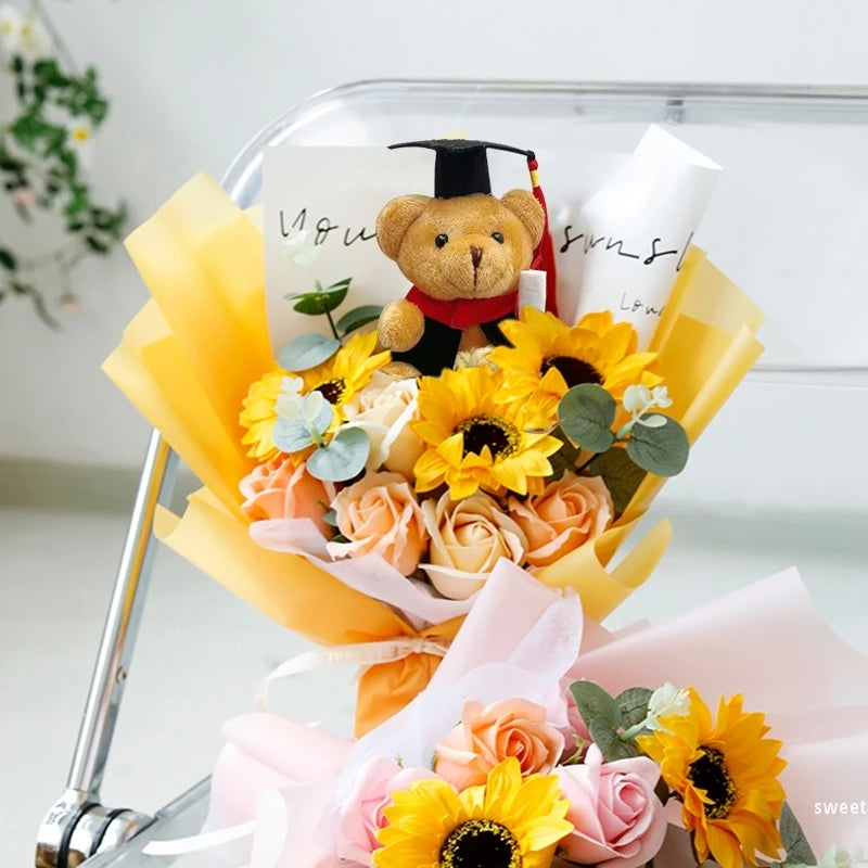 Bouquet Ourson Blanc & Tournesol au Crochet