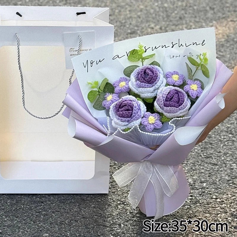 Bouquet de Roses au Crochet en Sac Cadeau – Rose, Bleu, Violet & Rouge