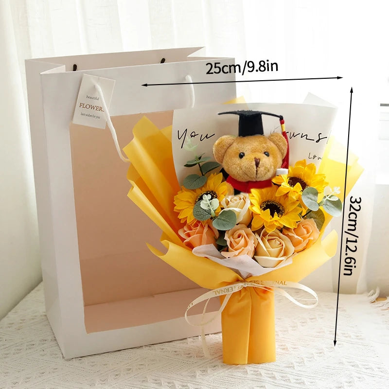 Bouquet Ourson Blanc & Tournesol au Crochet