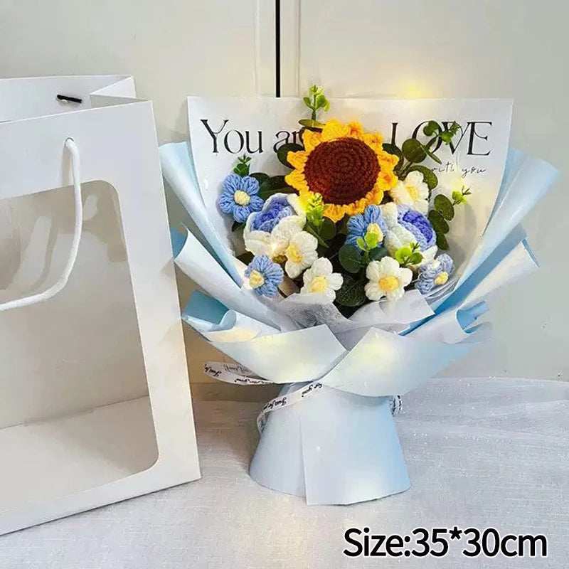 Bouquet de Roses au Crochet en Sac Cadeau – Rose, Bleu, Violet & Rouge