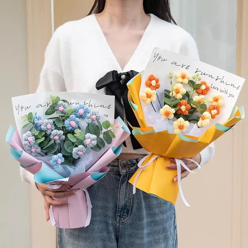Bouquet de Fleurs Pompons au Crochet avec Sac Cadeau