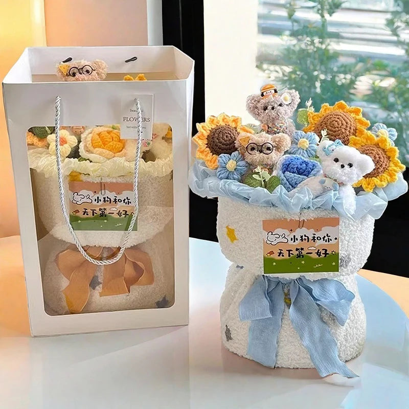 Bouquet de Roses au Crochet en Sac Cadeau – Rose, Bleu, Violet & Rouge