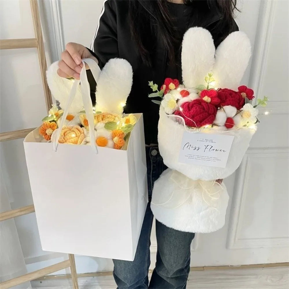 Bouquet Oreilles de Lapin Crochet avec Sac Cadeau – Rouge, Jaune, Bleu ou Rose