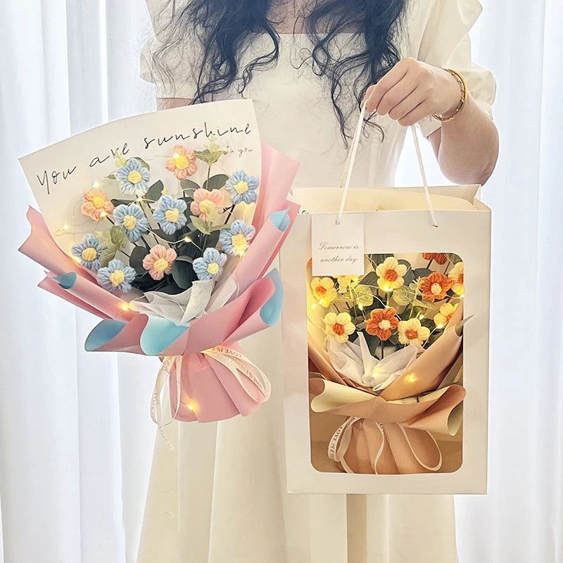 Bouquet de Fleurs Pompons au Crochet avec Sac Cadeau