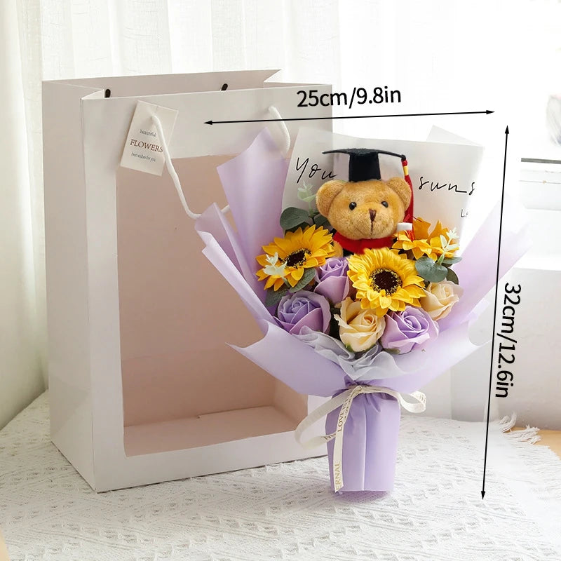 Bouquet Ourson Blanc & Tournesol au Crochet