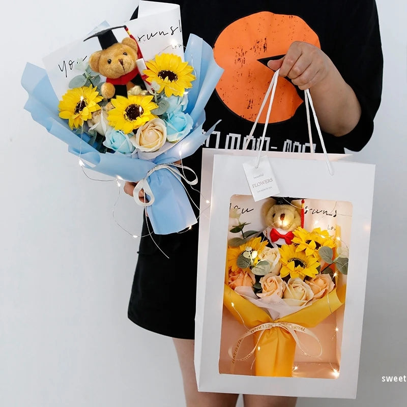 Bouquet Ourson Blanc & Tournesol au Crochet